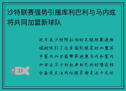 沙特联赛强势引援库利巴利与马内或将共同加盟新球队